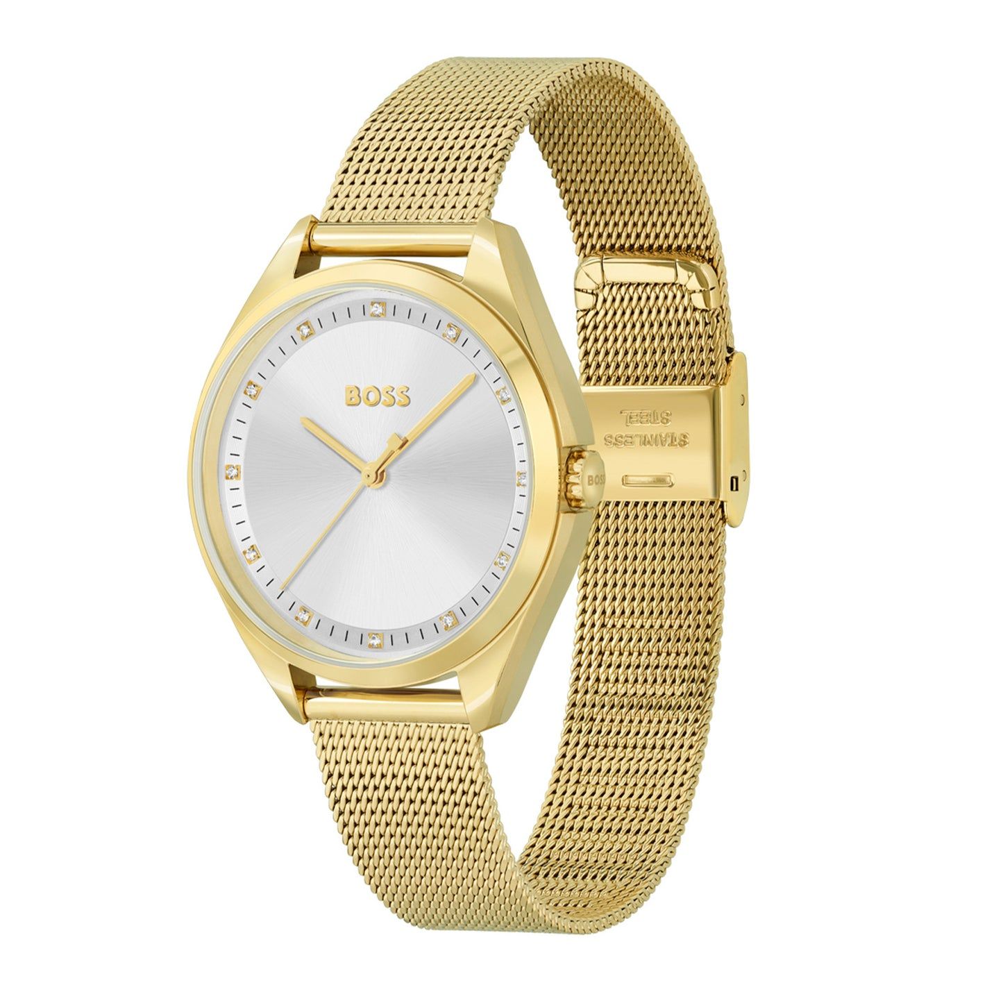 BOSS Saya Damen-Armbanduhr mit goldfarbenem Milanaise-Netzarmband und weißem Zifferblatt