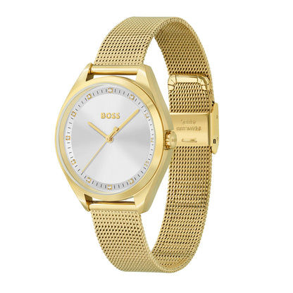 BOSS Saya Damen-Armbanduhr mit goldfarbenem Milanaise-Netzarmband und weißem Zifferblatt