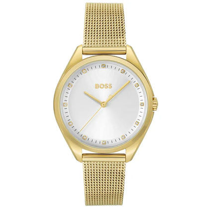 BOSS Damenuhr mit goldfarbenem Milanaise-Armband und Zirkonia-Zifferblatt