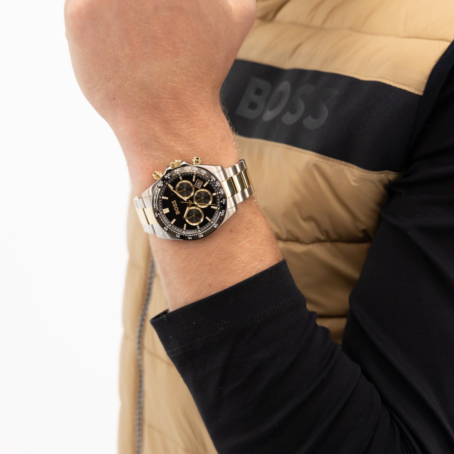 Zweifarbige Herren-Armbanduhr BOSS mit schwarzem Chronographen-Zifferblatt und Metallband