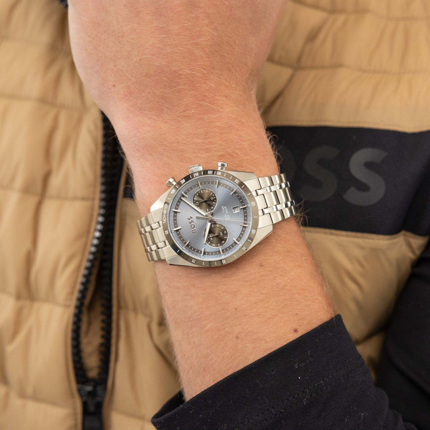 Herrenarmbanduhr mit blauem Zifferblatt und Edelstahlband, Chronographen-Optik