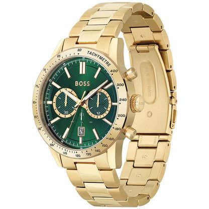 Herrenarmbanduhr mit grünem Zifferblatt, goldfarbenem Gehäuse und Tachymeter-Ring