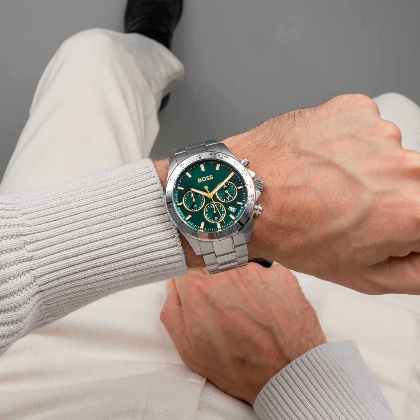 Chronograph-Armbanduhr BOSS Hero mit grünem Zifferblatt und Edelstahlband