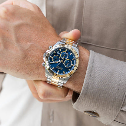 BOSS Hero Sport Bicolor-Armbanduhr: blaues Chronograph-Zifferblatt mit Tachymeter-Lünette