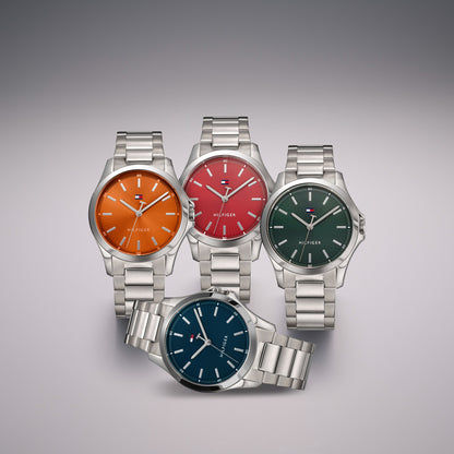 Set Herrenquarzuhren mit Edelstahlarmband und farbigen Zifferblättern (orange, rot, grün, blau)