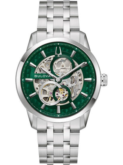 Bulova Herrenarmbanduhr mit grünem Zifferblatt und Skelettwerk, Edelstahlarmband