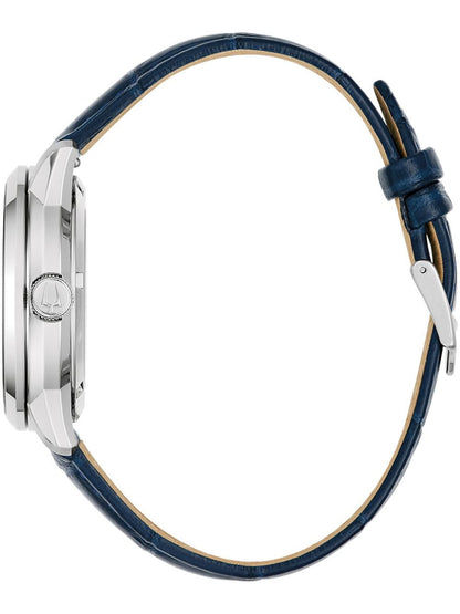Herrenarmbanduhr mit blauem Lederband und silberfarbenem Gehäuse, Seitenansicht