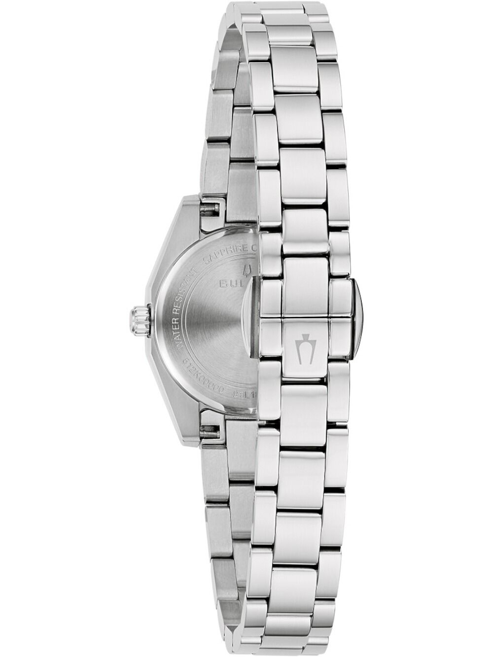 Bulova Damenarmbanduhr mit Edelstahlgehäuse und sichtbarer Rückseite, Armbandglieder