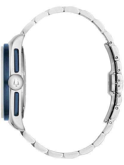 Bulova Herrenarmbanduhr Seitenansicht mit Krone und Chronographendrückern, Metallarmband