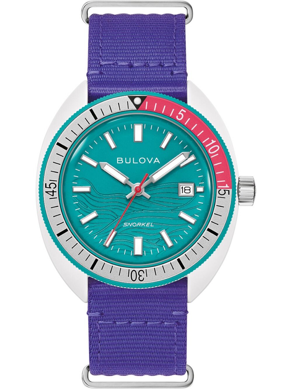 Bulova Herrenarmbanduhr mit türkisfarbenem Zifferblatt und violettem Stoffarmband