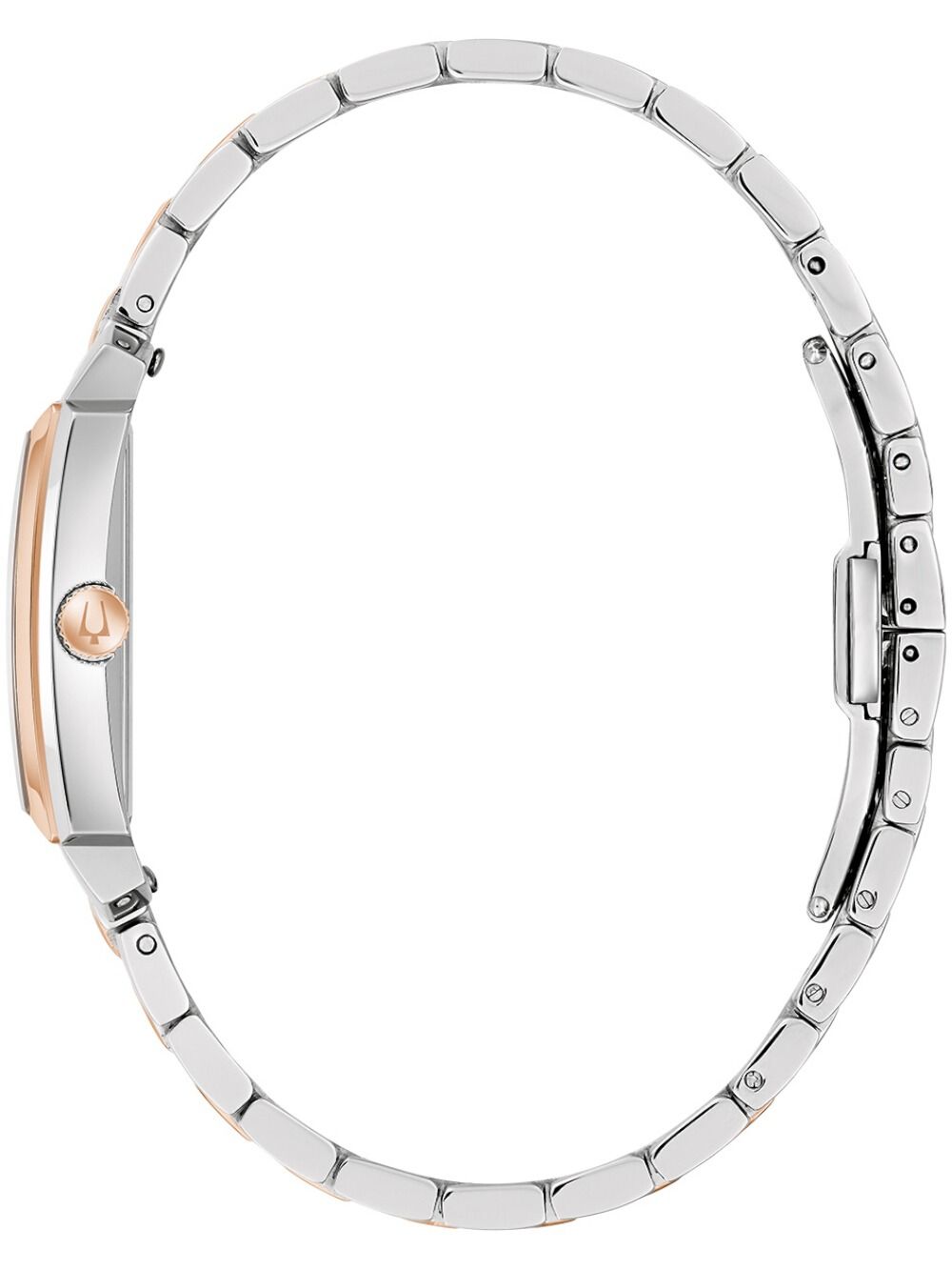 Bicolor Edelstahlarmband einer Damenuhr mit Gliedern in Silber und Roségold