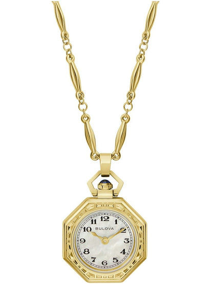 Bulova Damen-Umhängeuhr mit goldfarbener Kette und achteckigem Zifferblatt