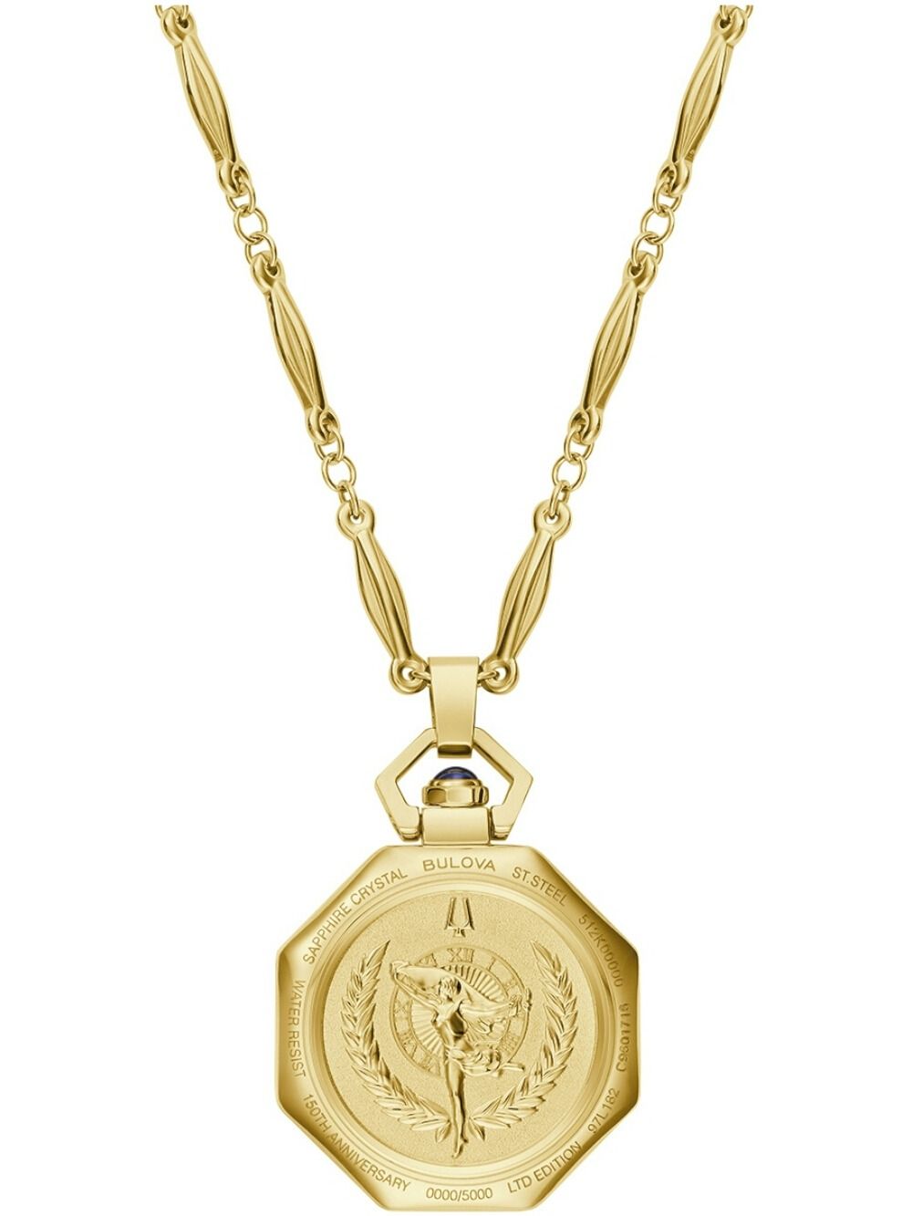 Bulova Damen-Umhängeuhr mit goldfarbenem Anhänger und Relief auf der Rückseite
