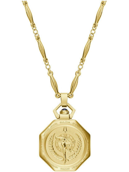 Bulova Damen-Umhängeuhr mit goldfarbenem Anhänger und Relief auf der Rückseite