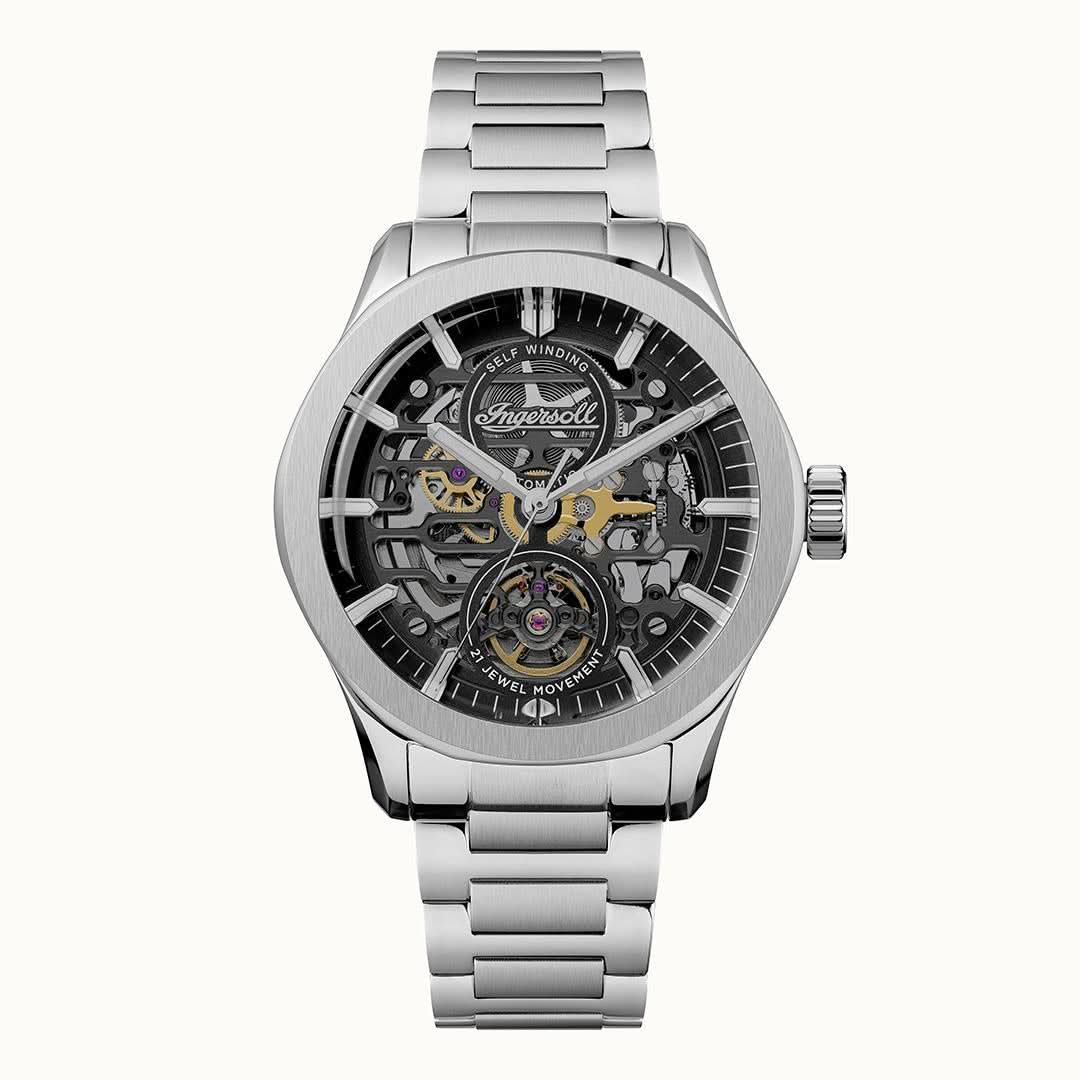 Ingersoll Bronc Herrenuhr mit silberfarbenem Metallarmband und schwarzem Zifferblatt