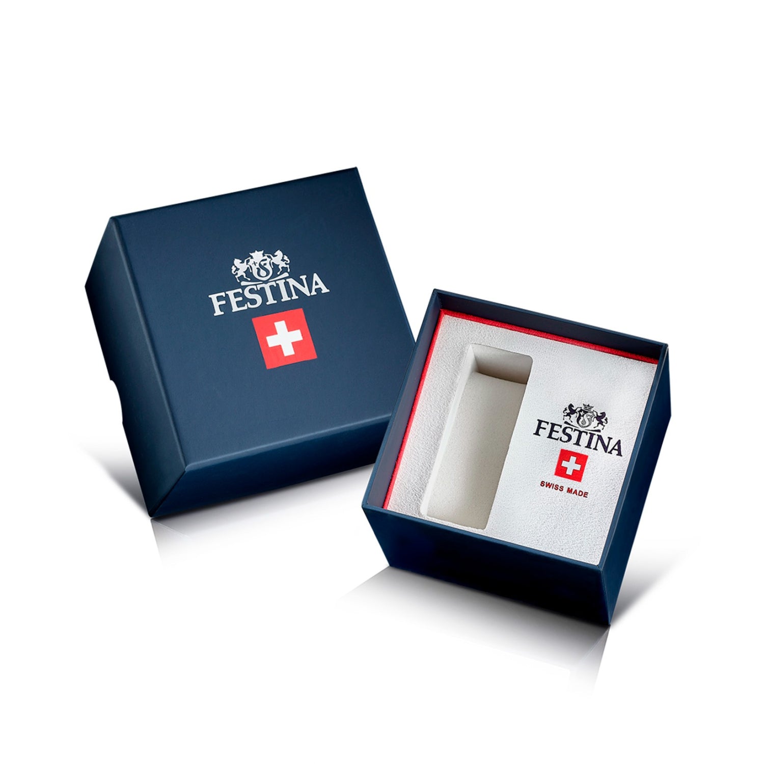 Festina Uhrenbox mit blauem Deckel und blau-weißem Innenkissen für die Uhr