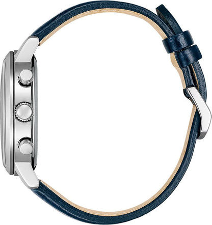 Uhrgehäuse mit blauem Lederarmband und seitlicher Krone