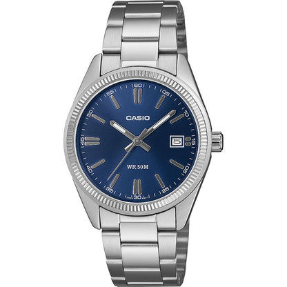 Casio Armbanduhr mit blauem Zifferblatt, Datumsanzeige, silbernem Metallband, WR 50 m
