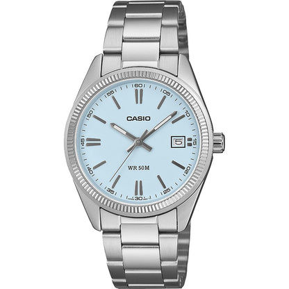 Casio Damenarmbanduhr: Edelstahlband, blaues Zifferblatt, analoges 3-Zeiger-Design, WR50M