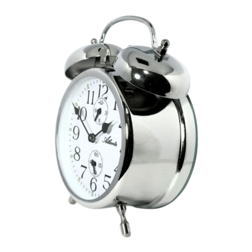 Réveil mécanique à double cloche, couleur argent, vue latérale avec cadran blanc