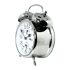 Réveil mécanique à double cloche, couleur argent, vue latérale avec bouton de remontage rond