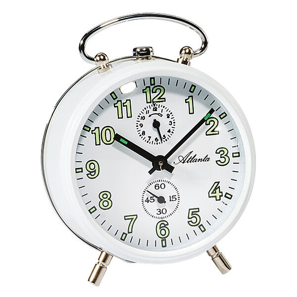 Réveil avec boîtier métallique argenté et cadran blanc, chiffres lumineux verts