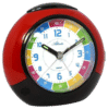 Réveil éducatif pour enfants avec cadran rond et boîtier rouge et noir.