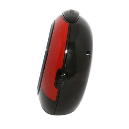 Réveil-montre d'apprentissage pour enfants, vue de côté avec insert rouge et boutons noirs sur le boîtier.