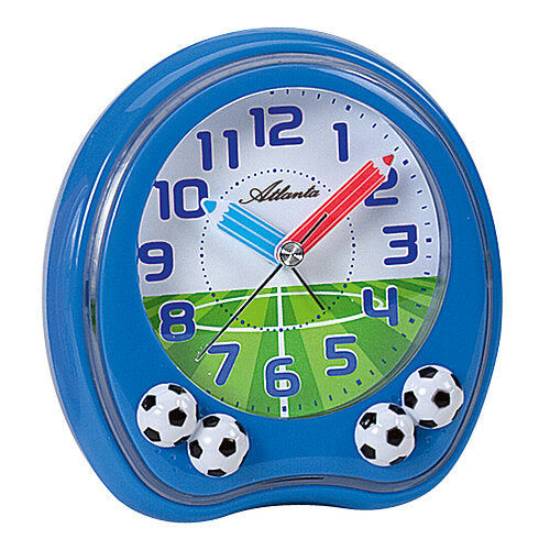 Réveil bleu en forme de ballon de football avec cadran et aiguilles, motif de ballon de football en bas
