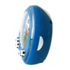 Réveil bleu en forme de ballon de football, vue de côté avec boîtier rond et applications de ballon de football