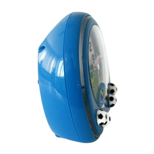 Réveil bleu en forme de ballon de football, vu de côté, fenêtre avant et détails de ballon