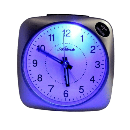 Réveil radio-piloté avec cadran rétroéclairé en bleu, aiguilles noires et index d'heure