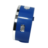 Réveil bleu avec bordure en métal argenté et ports de connexion visibles