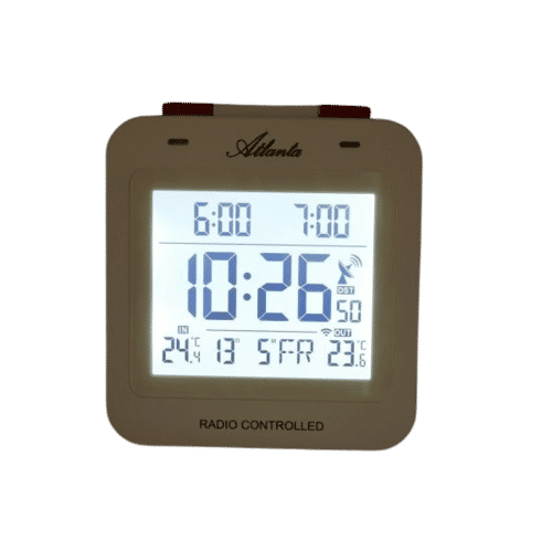 Réveil radio-piloté marron foncé avec écran LCD rétroéclairé et affichage de la température