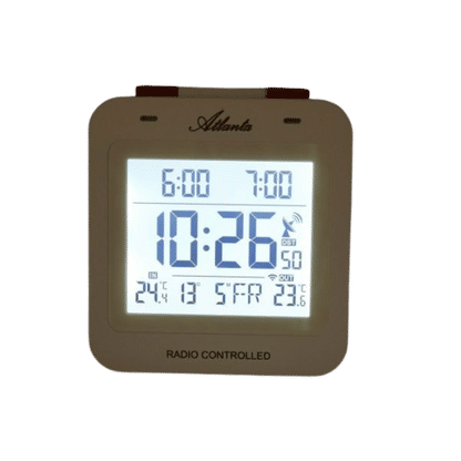 Réveil radio-piloté marron foncé avec écran LCD rétroéclairé et affichage de la température
