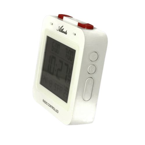 Réveil sans fil blanc, vue en biais, avec écran LCD et boutons de commande