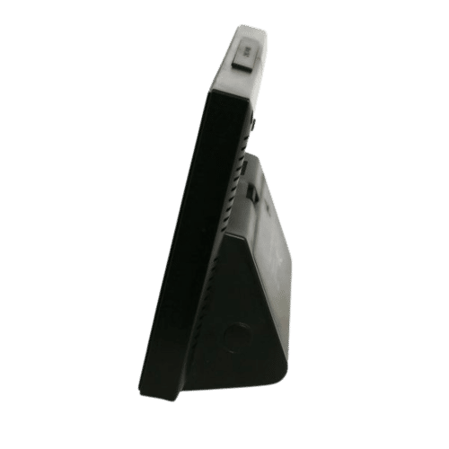 Radio-réveil numérique, vue latérale étroite avec boutons, noir