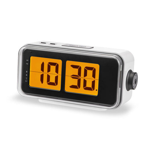 Radio-réveil numérique blanc avec écran orange et molette latérale
