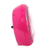 Réveil rose vue latérale, forme ronde avec zone avant en verre transparent
