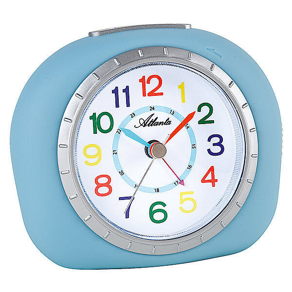 Réveil enfant avec boîtier bleu et cadran coloré