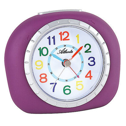 Réveil enfant avec cadran rond et boîtier violet, chiffres colorés pour l'apprentissage