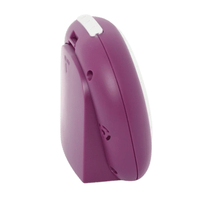 Réveil enfant vue de côté, boîtier violet avec boutons de commande
