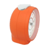 Vue latérale du réveil : boîtier rond orange avec dessus argenté