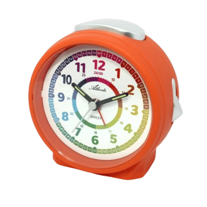 Réveil avec boîtier orange et cadran multicolore, cloche argentée