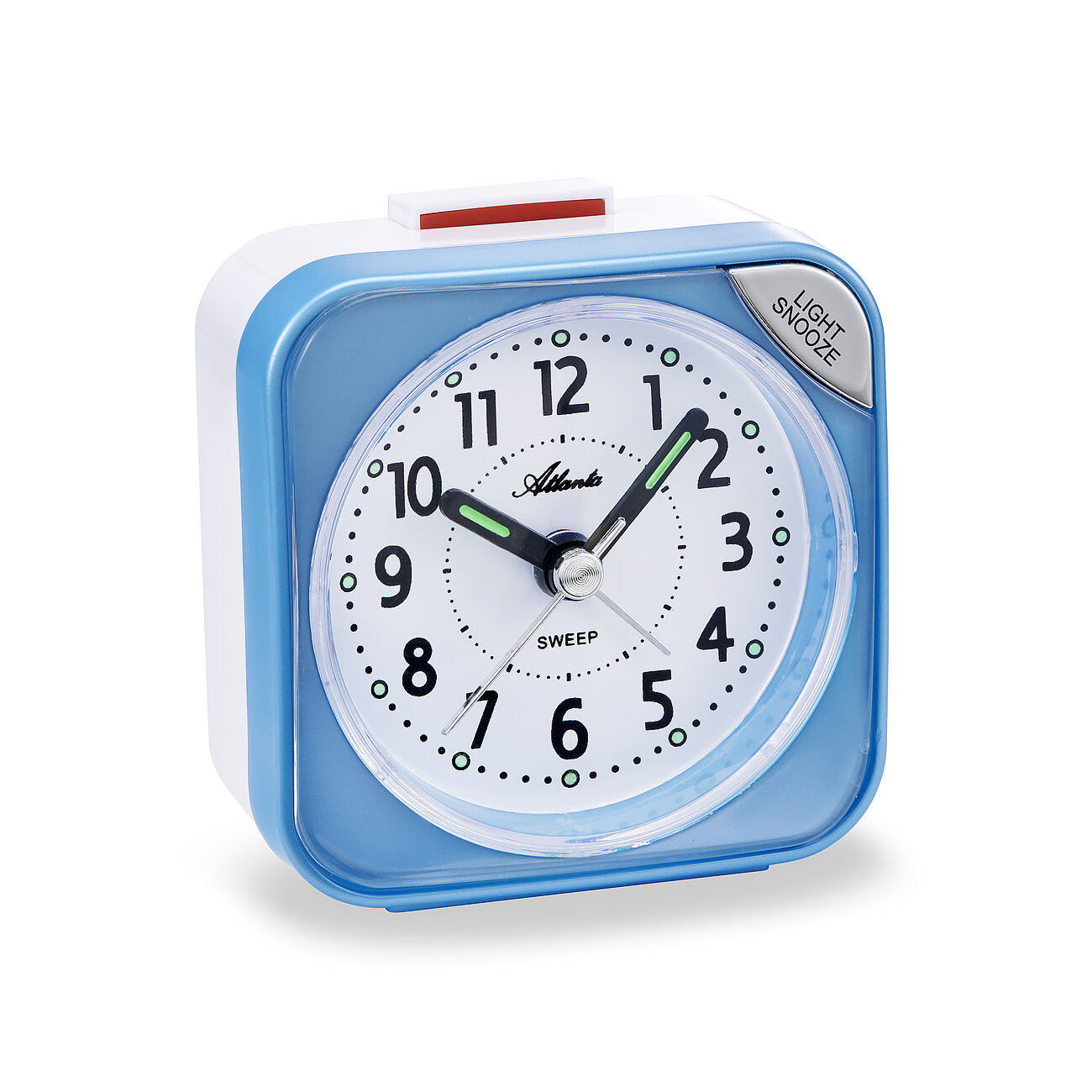 Réveil analogique bleu avec cadran rond, bouton snooze et trotteuse