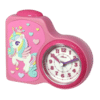 Réveil enfant rose, vue de côté, avec motif licorne et cadran lumineux