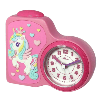 Réveil enfant rose avec figurine licorne, cadran rond et aiguilles