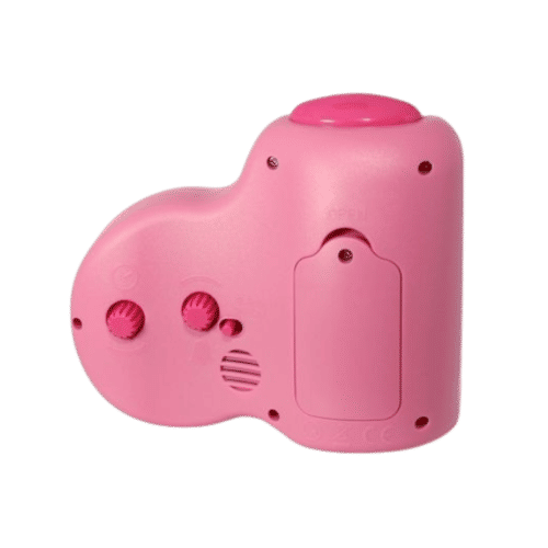 Réveil enfant rose vu de l'arrière/du bas avec curseur et ouvertures pour haut-parleur