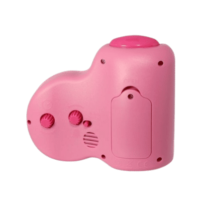 Réveil enfant rose vu de l'arrière/du bas avec curseur et ouvertures pour haut-parleur
