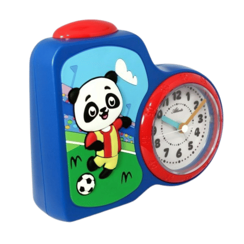 Réveil bleu avec motif panda, anneau rouge et cadran analogique